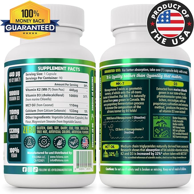 Vegan Vitamin K2+D3 | 440 mcg All-Trans MK-7 440mcg from Peas + 1000IU Vitamin D3 from Chlorella + MCT Coconut Oil for max Absorption | 90 Capsules, 100% Vegan, Non-GMO