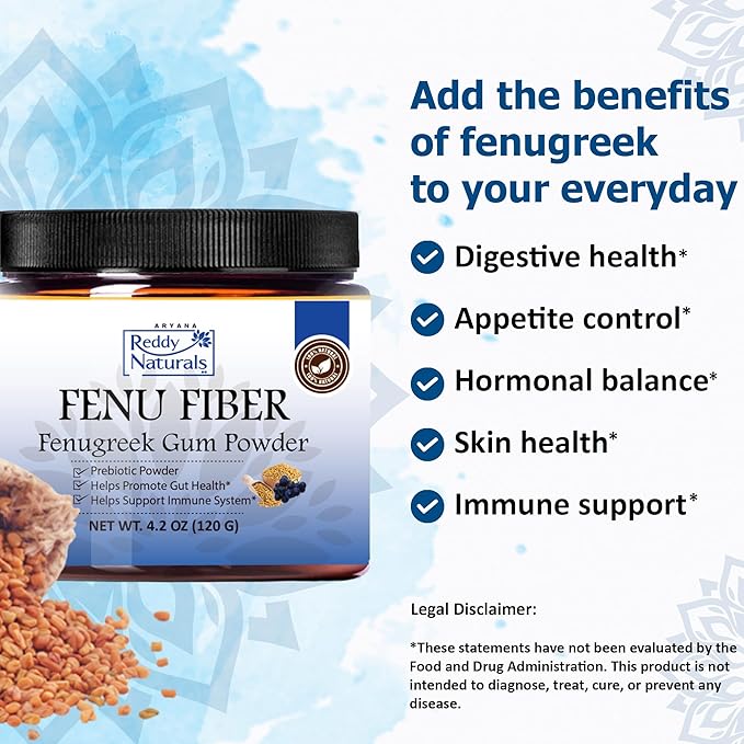 Reddy Naturals Aryana FENU Fiber – Debittered Fenugreek Gum Powder - Muscadine Polyphenols - Supports Healthy Metabolic Functions – Improves Immune and Gut Health – 4.2 OZ (120 G)