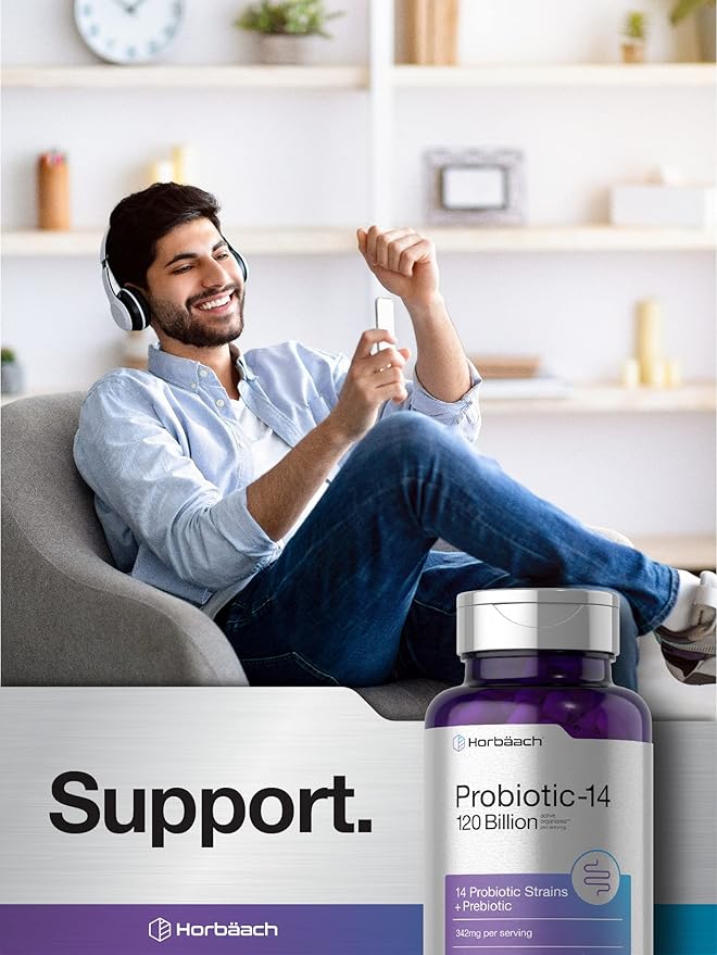 Horbäach Probiotics 120 Billion CFU | 14 Strains with Prebiotics | for Women & Men | 50 Capsules | Vegetarian, Non-GMO & Gluten Free Supplement