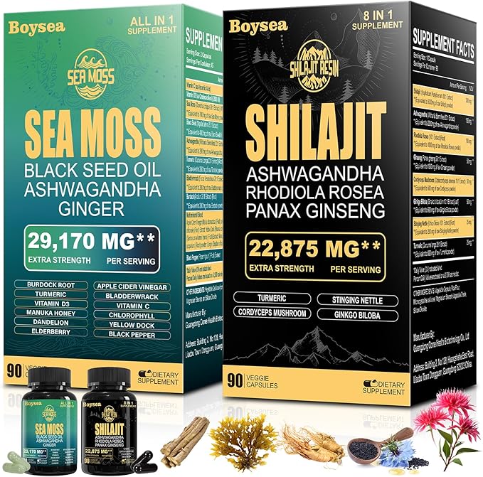 Boysea.Shilajit and Sea Moss Bundle - Sea Moss (7000mg), Ashwagandha (2000mg), Black Seed Oil (4000mg), Ginger & Shilajit (9000mg), Rhodiola Rosea (1000mg) – 90 Count (2 Pack)