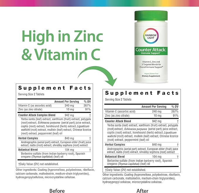 Rainbow Light Counter Attack Immune Support, Dietary Supplement Provides Immune Support, With Vitamin C, Zinc and 3 Targeted Herbal Blends, Vegan and Gluten Free, 90 Count