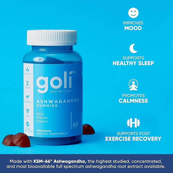 Goli Ashwagandha & Vitamin D Gummy 120 Count - Relax. Restore. Unwind. (Mixed Berry, KSM-66, Vegan, Plant Based, Non-GMO, Gluten-Free & Gelatin Free), Pack of 2