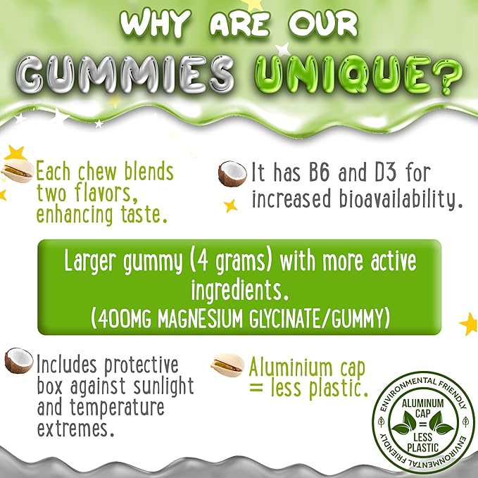 Magnesium Glycinate Gummies 400mg - Magnesium for Sleep, Calm, Relax & Muscle Relief with B6 & D3 and No Melatonin - Family-Friendly for Kids, Teens & Adults - Vegan & Non-GMO Supplement - 60 Count