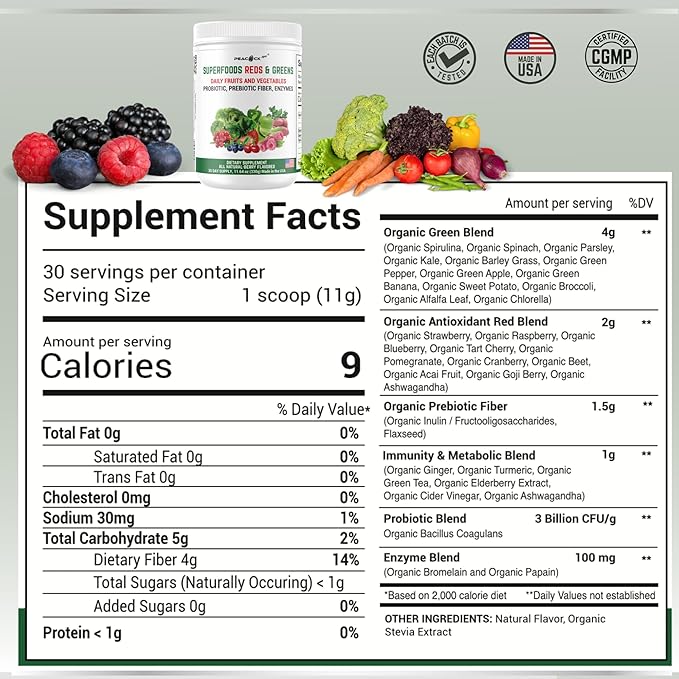Superfood Reds & Greens Powder - 11.64 oz, Prebiotics & Probiotics for Digestive Health, Super Greens Powder with Ashwagandha for Gut Health, Immunity, Antioxidants, Vegan, Non-GMO