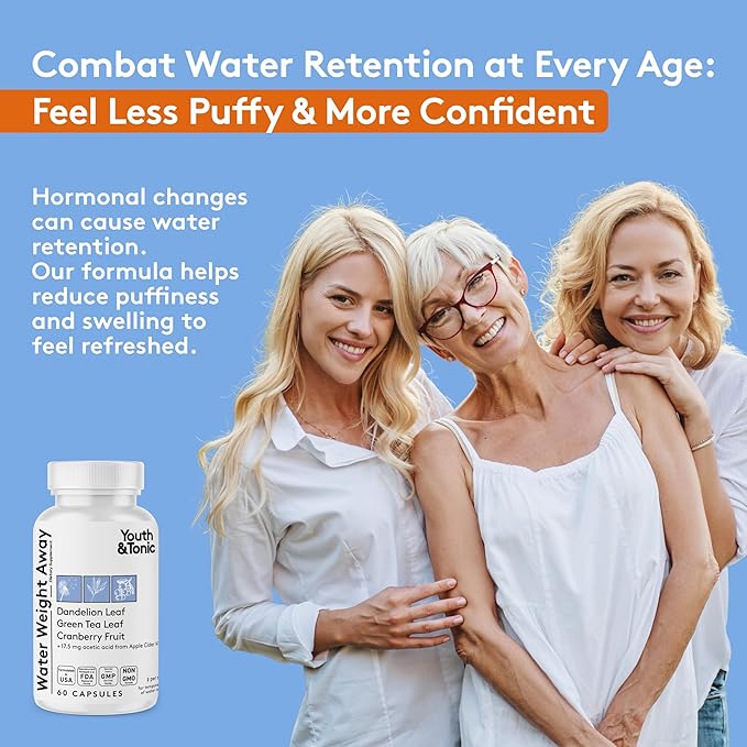 Youth & Tonic Natural Water Weight Away Pills for Belly Bloating, Water Retention & Fluid Loss – Herbal Diuretics for Swollen Legs, Feet, and Swelling – Dandelion Diuretic for Women & Men – 60 Caps