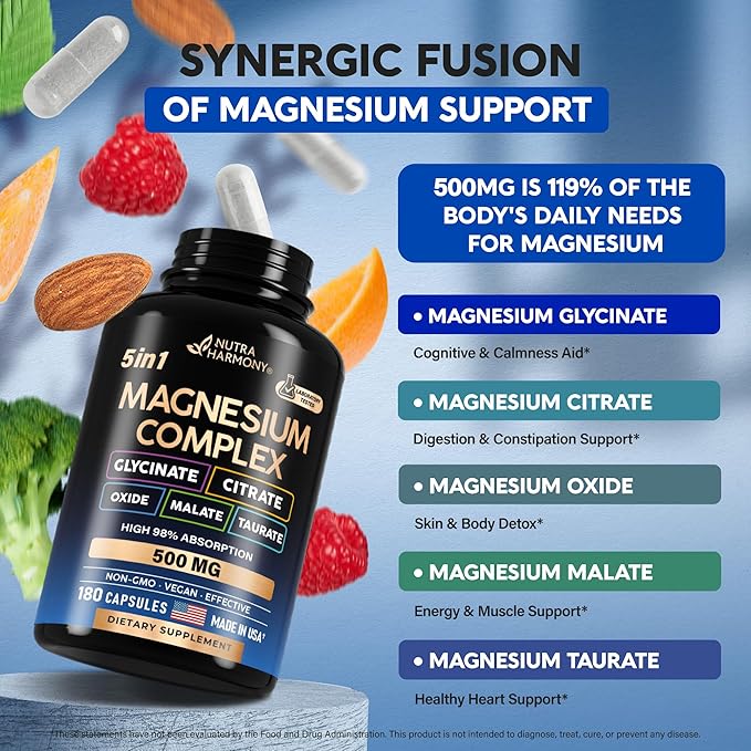 Magnesium Supplement - 5 in 1 Complex | Glycinate | Citrate | Malate | Taurate | Oxide - Made in USA - Stress, Muscle & Heart Support - Vegan, Natural, Non-GMO - 180 Capsules, 2 Month Supply