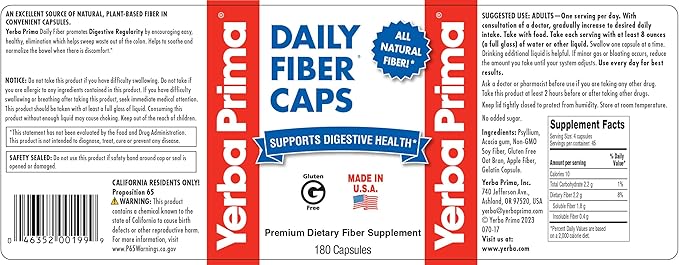 Yerba Prima Daily Fiber Capsules – 180 Caps (Pack of 3) - Soluble Dietary Fiber Supplement - Colon Cleanse - Gut Health - Constipation Relief – Vegan, Non-GMO, Gluten-Free