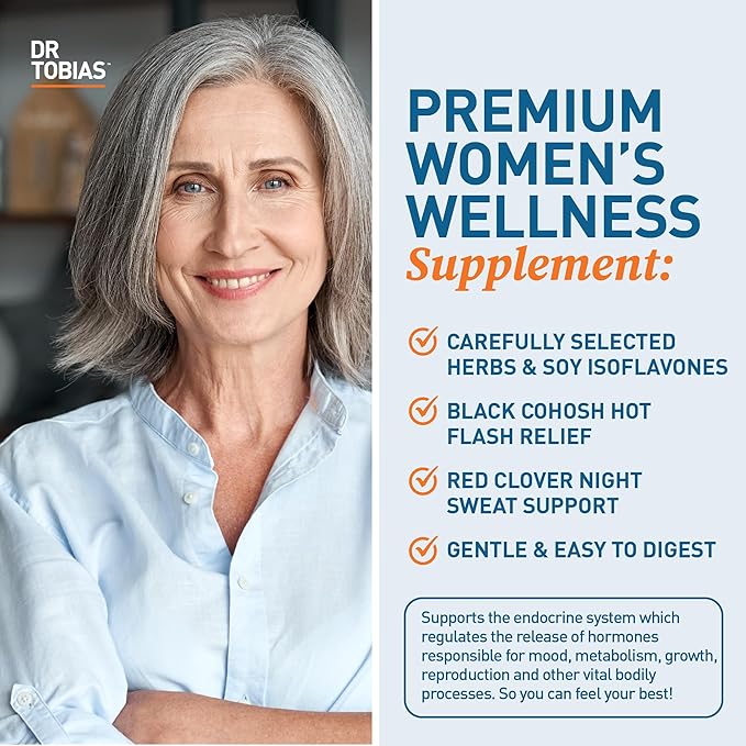 Dr. Tobias Menopause Relief Supplement with Black Cohosh, Soy Isoflavones, and Don Quai, Hot Flash Relief & Night Sweats Relief for Women, Non-GMO, 60 Capsules, 30 Servings
