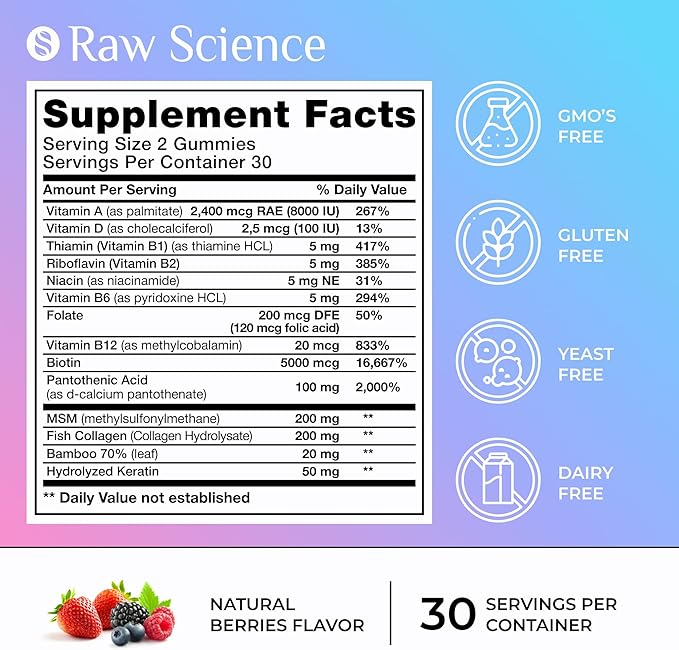 Biotin Collagen Gummies â Hair Skin and Nails Vitamins for Women & Men â Hair Growth Vitamins: B1, B2, B3, B5, B7, B9, B12, Collagen, Keratin, Vitamin A & D â Hair Growth Supplement â 60 Gummy Bears