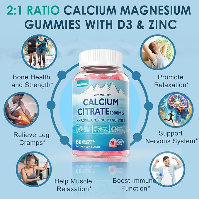 Sugar Free Calcium Citrate Gummies 1000mg with Vitamin D3, Ultimate Absorption Calcium Supplement for Women Men, Plus Magnesium, Potassium, Zinc, B6 for Bones, Muscle & Immune Health, 2Pack