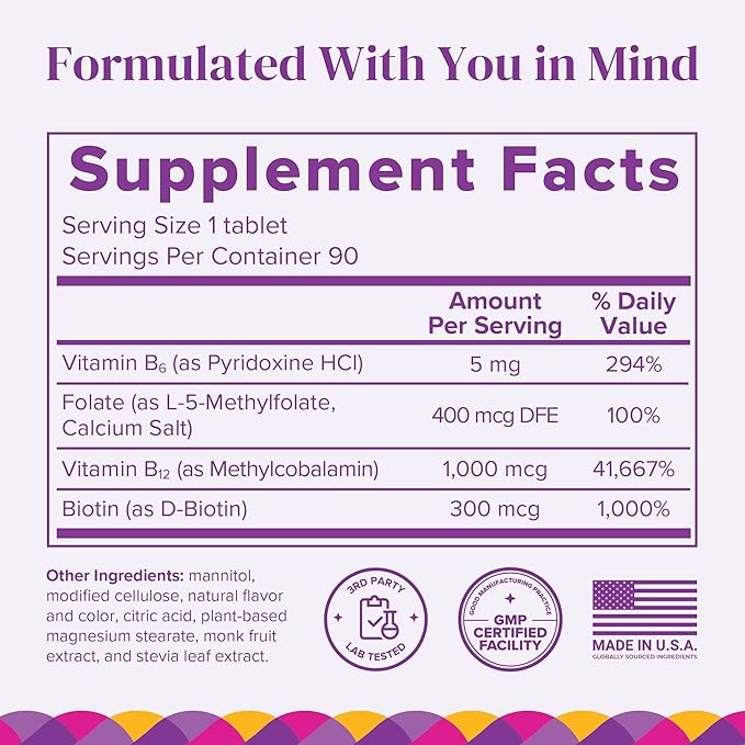BariMelts Vitamin B12 Plus - 90 Fast-Dissolving Tablets (3-Month Supply) - Sugar-Free Bariatric Vitamins for Women, Includes B12, B6, Folate & Biotin, Natural Cherry Flavor