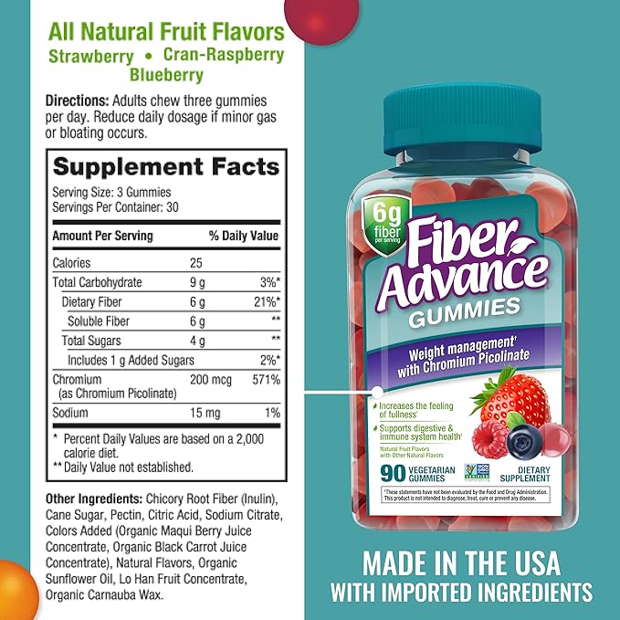 Fiber Advance Weight Management Gummies | 100% Plant Based Fiber for Digestive Wellness and Gut Health | Chromium Picolinate for Weight Management Support, 90 Count