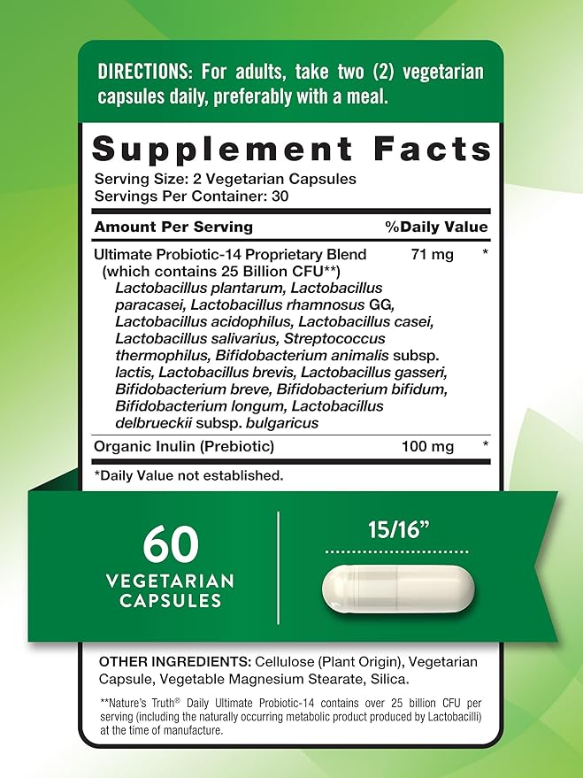 Nature's Truth Probiotics for Men and Women | 25 Billion CFU | 60 Capsules | 14 Strains | Non-GMO & Gluten Free Digestive Health Supplement