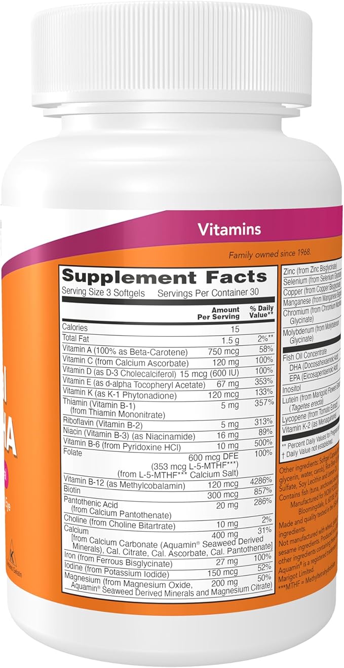 NOW Supplements, Prenatal Gels + DHA with 250 mg DHA per serving, plus Borage Oil (GLA), 90 Softgels