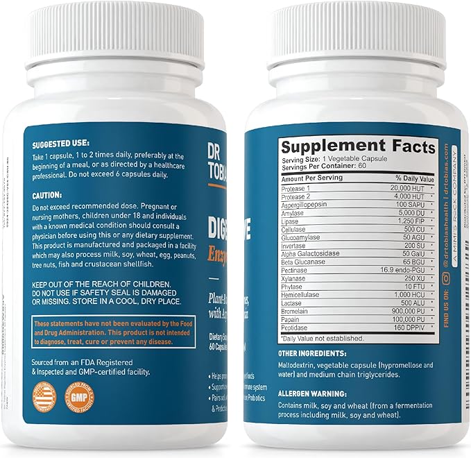 Dr. Tobias Digestive Enzymes with Amylase, Bromelain, Lipase, Lactase, Protease, Papain & More, Digestion Supplement with 18 Enzymes for Digestion and Gut Health, 60 Capsules, 30 Servings