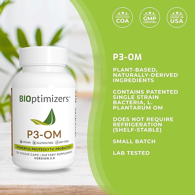 BiOptimizers P3-OM Proteolytic Prebiotics & Probiotics Supplement – Lactobacillus Plantarum for Digestive & Immune Health – Bloating & Gut Relief Support for Men & Women (120 Vegan Capsules)