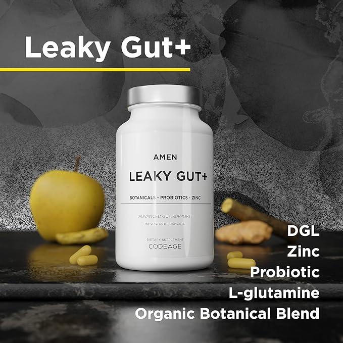 Amen Leaky Gut Supplement - Advanced Formula with Bioavailable L Glutamine, Zinc, Turmeric, DGL Licorice Root - Marshmallow Root - Probiotics & Fermented Prebiotics - Vegan, Non-GMO - 90 Capsules
