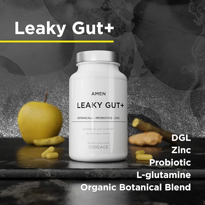 Amen Leaky Gut Supplement - Advanced Formula with Bioavailable L Glutamine, Zinc, Turmeric, DGL Licorice Root - Marshmallow Root - Probiotics & Fermented Prebiotics - Vegan, Non-GMO - 2-Pack