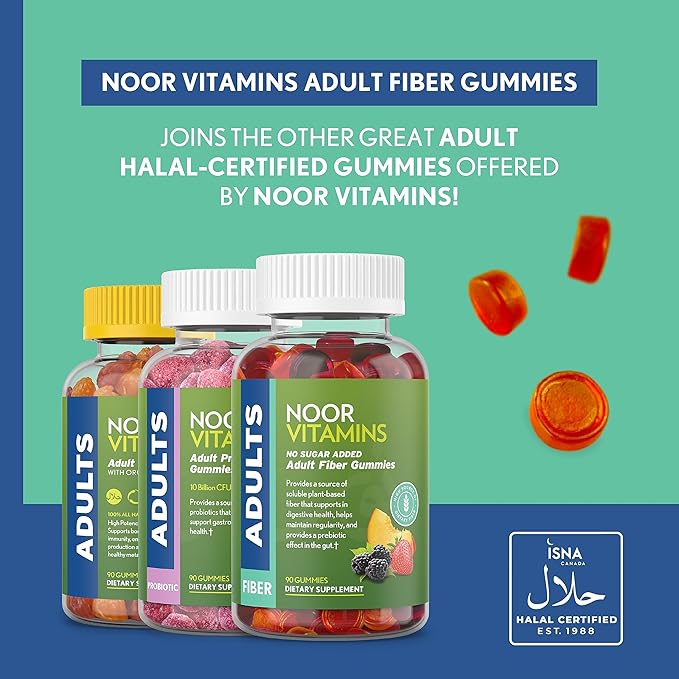 Noor Vitamins Halal Sugar Free Fiber Gummies for Adults with Prebiotic Fiber for Adults; Non-GMO, Vegan Friendly, Gelatin Free, Soluble High Fiber Gummy for Adults, Halal Vitamins - 90 Count