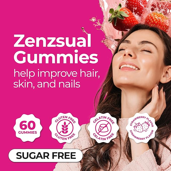 ZENZSUAL Hair, Skin and Nails Gummies – Multivitamin with Biotin, Vitamin C, B12 and Zinc – Vegan Supplement and Sugar Free (60 Gummies)
