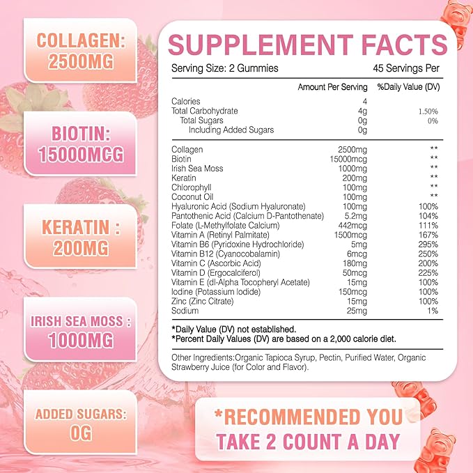 180 Count Collagen Gummies 2500mg Collagen Protein Type I II III V X with 15000mcg Biotin Vitamins C A B D E Keratin Hyaluronic Acid for Hair Skin Nails Joint Immune Digestion for Women Men Sugar Free