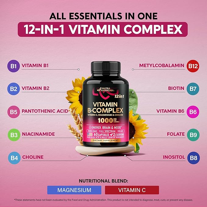 Vitamin B Complex for Men & Women - Made in USA - B-Complex: B1, B2, B3, B5, B6, B7, B8, B9, B12 with Vitamin C, Choline, Inositol - Energy, Brain & Heart Support Supplement, 60 Vegan Capsules