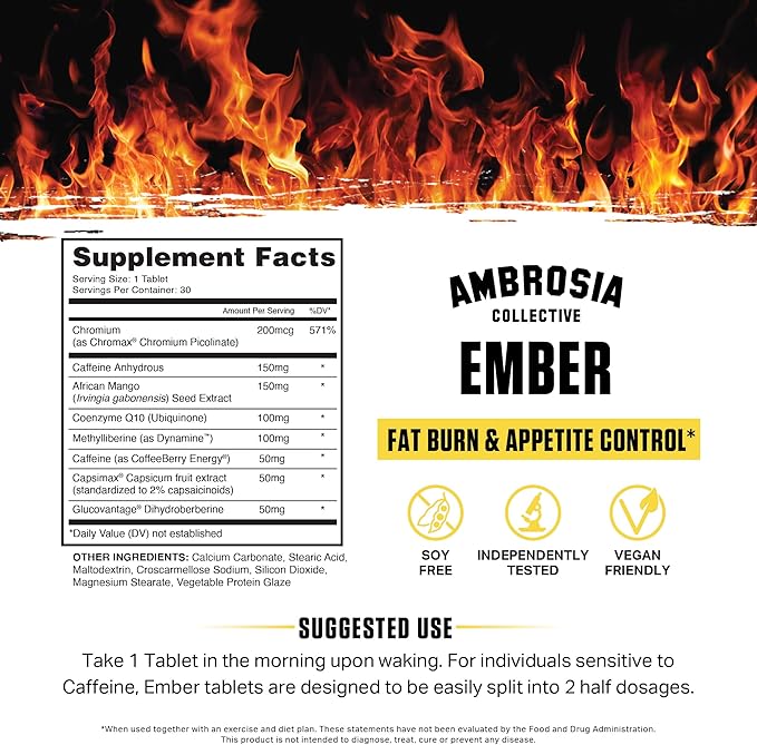 Ambrosia Ember™ Thermogenic Fat Burner & Appetite Support Supplement Pills for Healthy Weight Management, Appetite Support for Men and Women with CapsiMax™, African Mango, and CoQ10