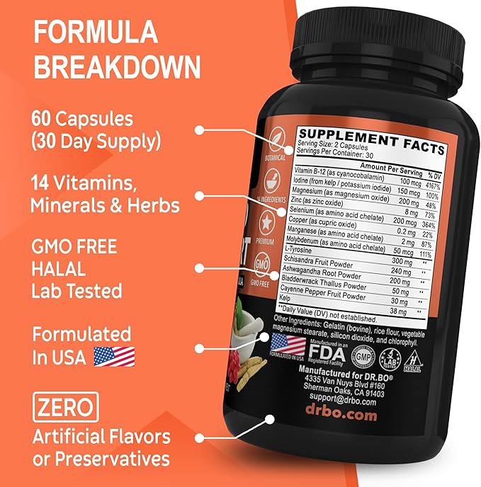 Thyroid Support for Women & Men Supplement - Natural Metabolism, Mood & Energy Enhancer with L-Tyrosine Selenium Iodine Zinc Bladderwrack Kelp & Ashwagandha Thyroid Supplement Complex Vitamin 60 Pills