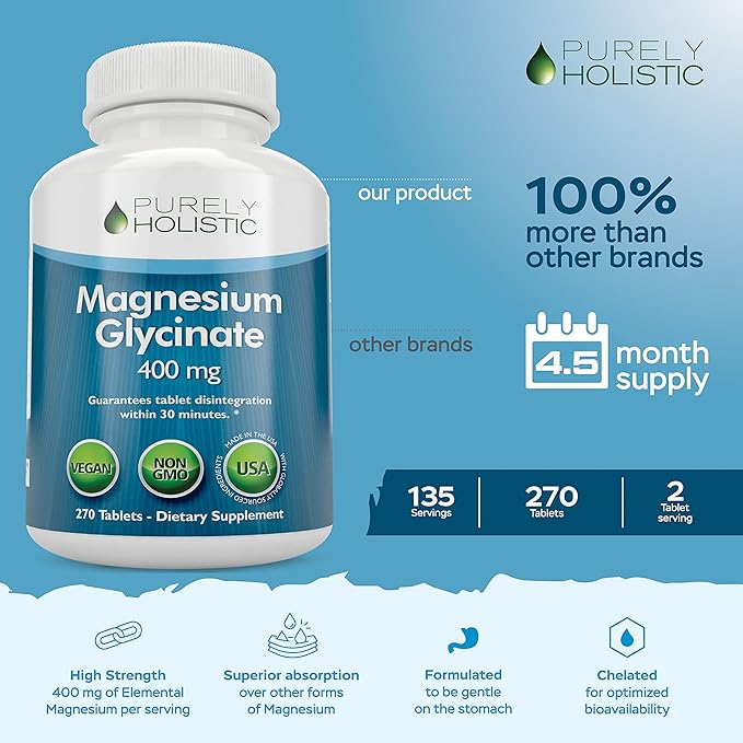 Magnesium Glycinate 400mg - 270 Magnesium Tablets (not Capsules) - 400 mg Elemental Magnesium - Highly Bioavailable - Vegan and Vegetarian - for Improved Sleep, Stress Relief & Cramp Defense