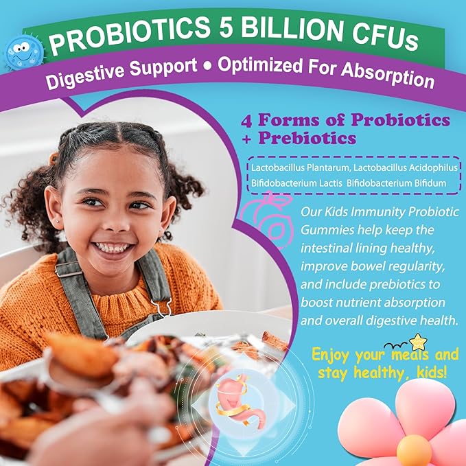 Kid Vitamin C Gummies With Zinc D3, Elderberry, Probiotics & Prebiotics, Sugar Free Immune Gummies for Kids 4+, Childrens Vitamins Supplement for Immune & Digestive Health, Powerful Antioxidant, 60cts