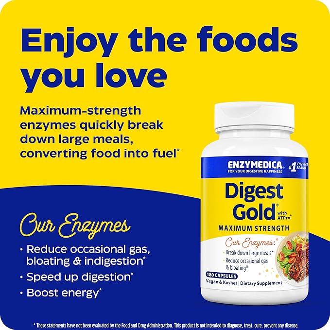 Enzymedica Digest Gold + ATPro, Maximum Strength Digestive Enzymes, Helps Digest Large Meals for Instant Bloating Relief, 180 Count