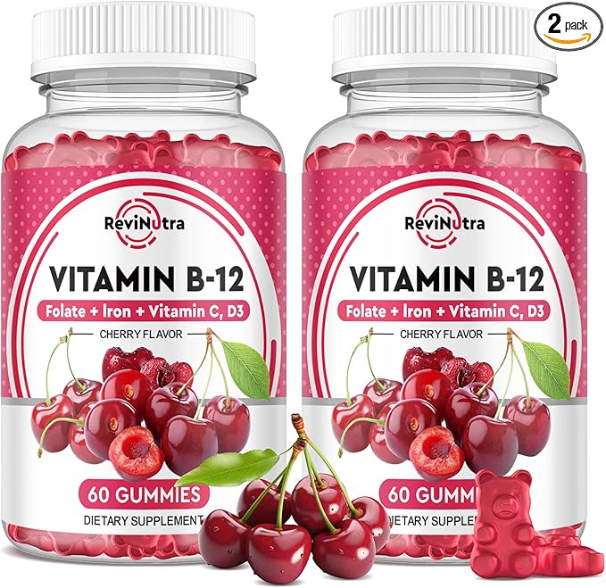 Vitamin B12 Gummies - 5000 mcg Methylcobalamin with Iron, Vitamin C, D3 & Folate, Energy Support and Metabolism, Immune, B-12 Complex Chewable Supplement for Men & Women, 120 Count, 2 Pack