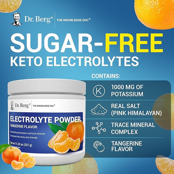Dr. Berg Zero Sugar Hydration Keto Electrolyte Powder - Enhanced w/ 1000 mg of Potassium & Real Pink Himalayan Salt (NOT Table Salt) - Tangerine Flavor Hydration Drink Mix Supplement - 50 Servings