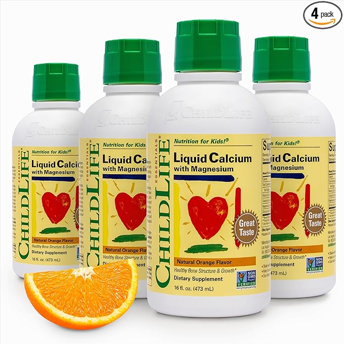 ChildLife Essentials Liquid Calcium Supplement for Kids - Baby Calcium with Magnesium, Zinc, and Vitamin D3 - Orange Flavor, 16 fl oz (4 Pack)