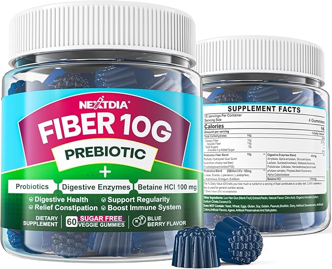 Fiber Gummies for Adults, Sugar Free 10g Prebiotic Fiber Supplement with Digestive Enzymes, Probiotics & 100mg Betaine for Digestive & Gut Health and Regulate Bowel Movement, Vegan, Gelatin Free, 60ct