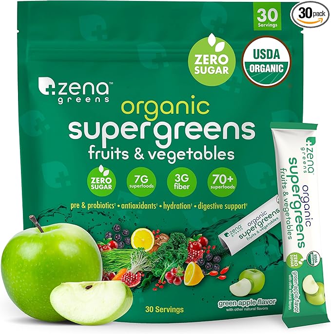 Zena Organic Super Greens Powder, 70+ Superfoods Drink Mix, 0 Sugar, 3G Fiber, Fruits, Veggies, Spirulina, Chlorella, Antioxidants, Pre & Probiotics, Digestive Enzymes, Green Apple Flavor, 30 Packets