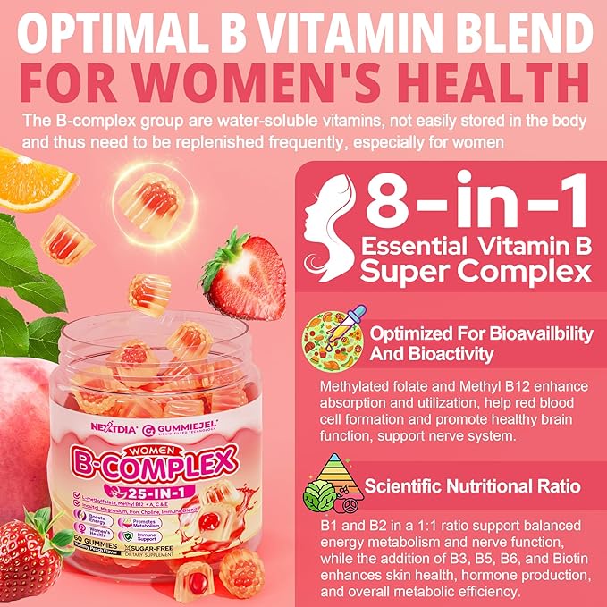 Vitamin B Complex Gummies for Women Sugar Free, Super Methylated B Complex w/ Methyl B12, L-methylfolate, Iron, Vitamin C, Inositol, Magnesium, Choline, Biotin, B2 B3 B5 B6, Orgainc Fruit Blend, 60Cts