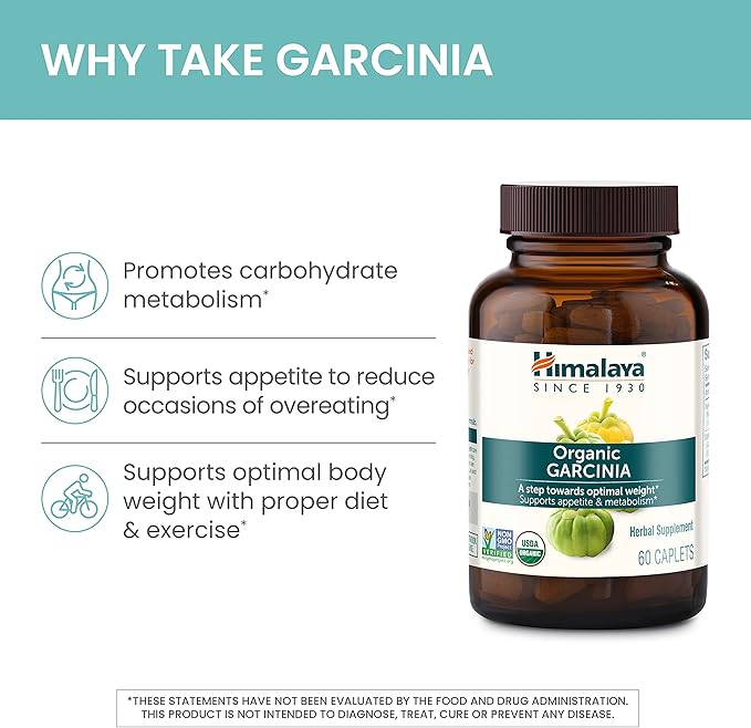 Himalaya Organic Garcinia Cambogia Herbal Supplement, Appetite Control, Lipid Metabolism, Weight Support, USDA Organic, Non-GMO, Vegan, 600 mg, 60 Plant-Based Caplets, 30 Day Supply