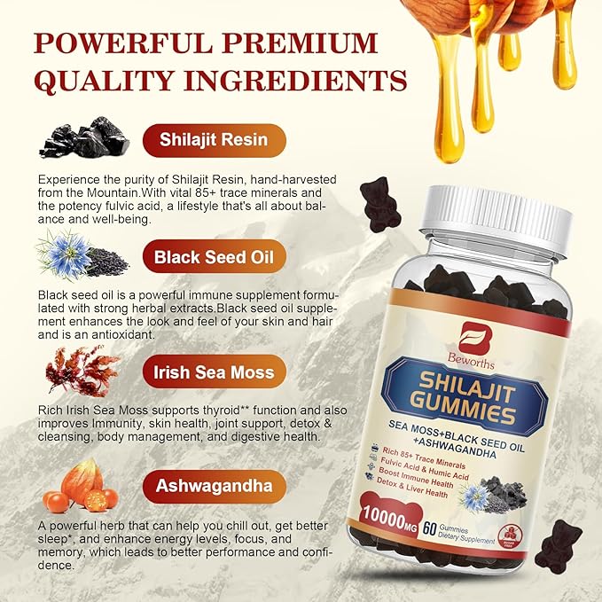 2Pack Shilajit Resin Gummies, Shilajit Sea Moss Supplement with Black Seed Oil, Ashwagandha Ginger, Panax Ginseng, Honey, Shilajit Resin with 85+ Trace Minerals & Fulvic Acid for Energy, Immune Health