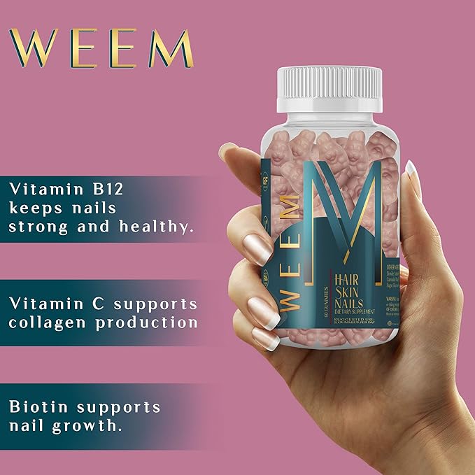 WEEM Hair Skin and Nails Gummies - Supports Healthy Hair - Vegan biotin Vitamins for Women & Men Supports Faster Hair Growth, Stronger Nails, Healthy Skin, Extra Strength (2)
