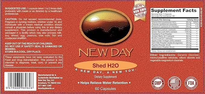 Shed H2O | Natural Diuretic Water Pills for Water Retention Relief, Supports Men and Women in Reducing Bloating and Water Weight | Supports Healthy Potassium Levels by New Day Health