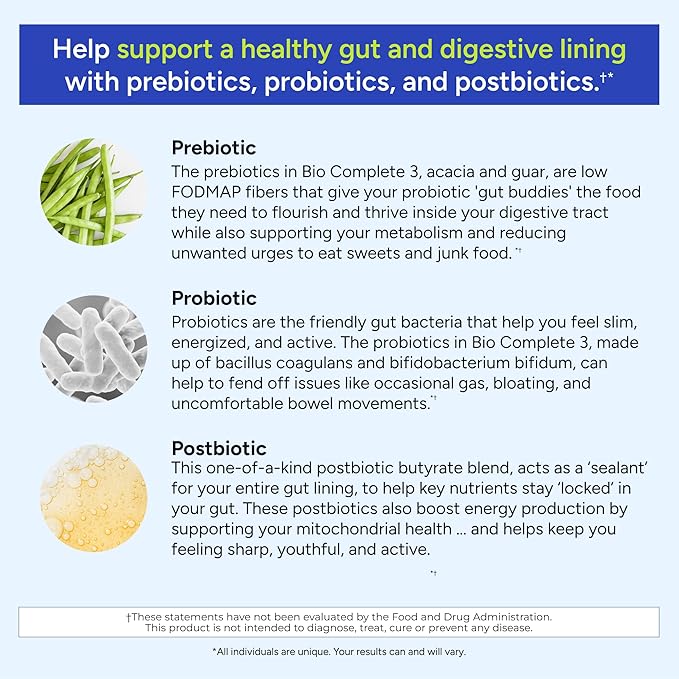 Gundry MD® Bio Complete 3, 3-in-1 Probiotics for Gut Health, Probiotic Supplements for Digestion, Supplement Supporting Bloating, Gas, Food Cravings, Energy Levels, Skin, and Focus, 30 Day Supply