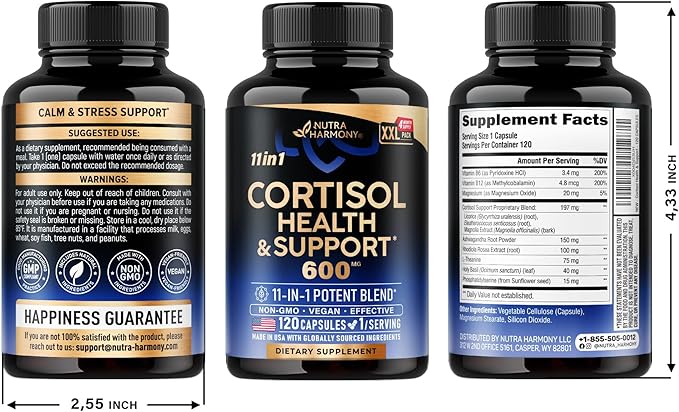 Cortisol Supplement - 11 in 1 Hormone Balance for Women - Made in USA Supplement - Mood, Focus, Sleep Support - Vegan, Non-GMO, Natural Pills - 120 Capsules