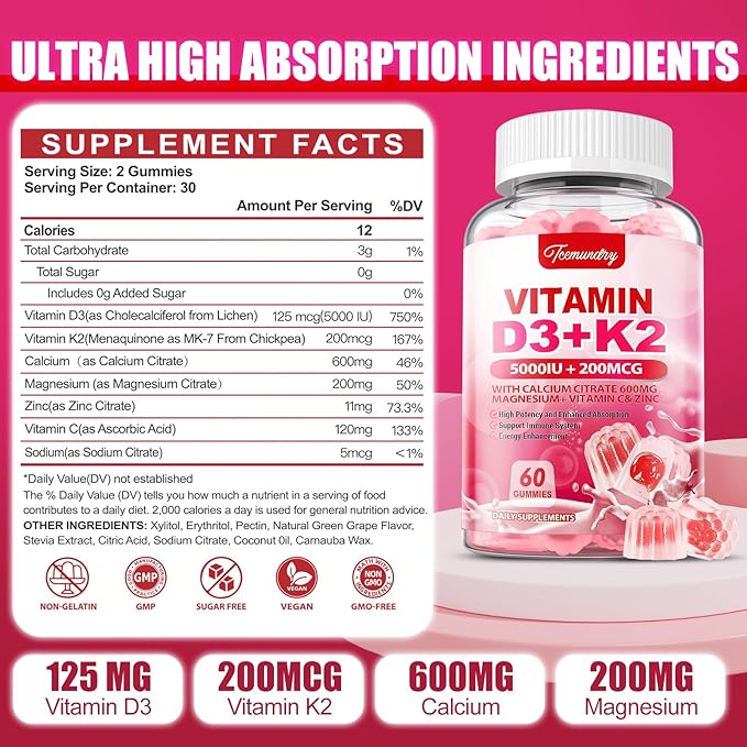 Vitamin D3 K2 Supplement for Adults - Vitamin D3 5000 IU + K2 200 mcg - Vit D3 K2 Gummies with Calcium 600mg Magnesium Zinc & Vitamin C for Women Men - Supports B0ne, Muscle Immune - 120 Count