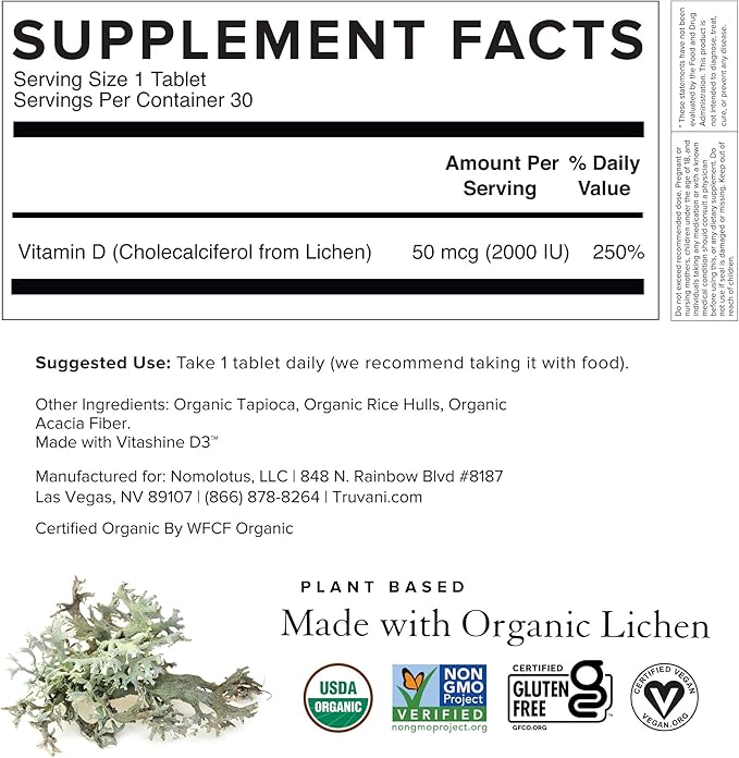 Truvani Organic Vitamin D3 - Plant-Based, USDA Organic, Gluten-Free, Non-GMO, Vegan D3 Supplement - Supports Bone, Immune & Brain Health - 30 Tablets