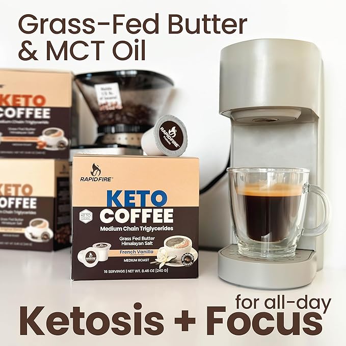 Rapidfire French Vanilla Ketogenic High Performance Keto Coffee Pods, Supports Energy & Metabolism, Weight Management, Single Serve K Cup, Brown, 16 Count