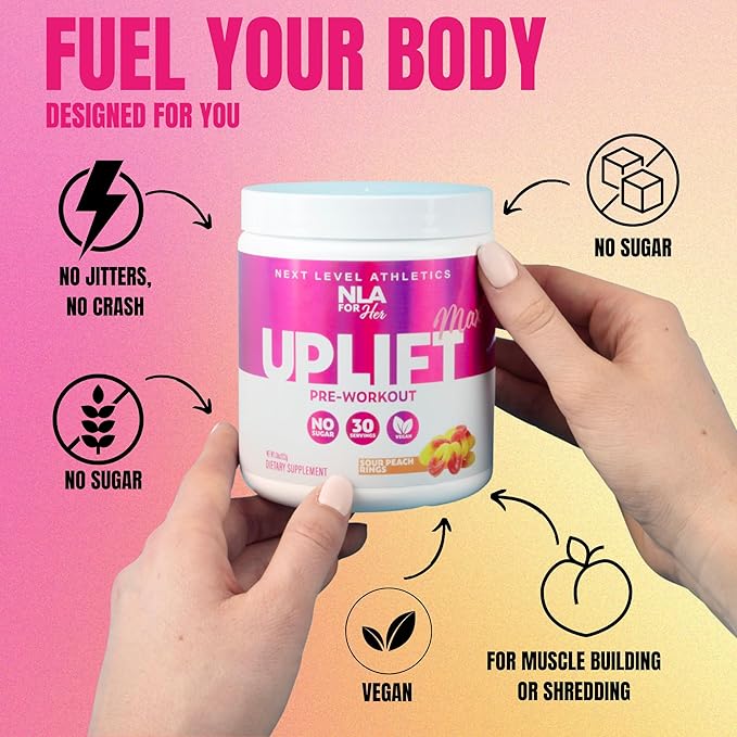 Uplift MAX Pre-Workout Energy For Women (Sour Peach Rings)- 30 Servings- Clean/Sustained Energy, Supports Athletic Performance, Helps Fast Twitch Muscle Fiber Activation (Caffeine, Vegan, GF, 15 Cals)