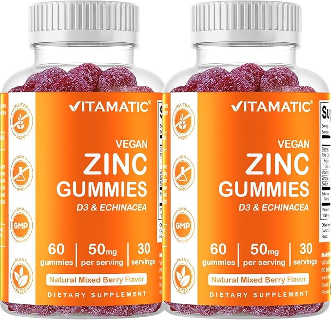 2 Pack - Vitamatic Zinc 50mg Gummies - 60 Vegan Gummies - Gluten Free - Healthy Immune Support for Adults, Men, Women