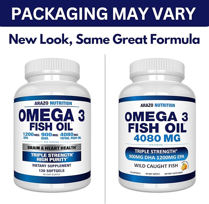 Arazo Nutrition Wild Caught Omega 3 Fish Oil – 120 Soft Gels – 4,080mg High EPA 1200mg DHA 900mg Lemon Flavor Burpless Softgels