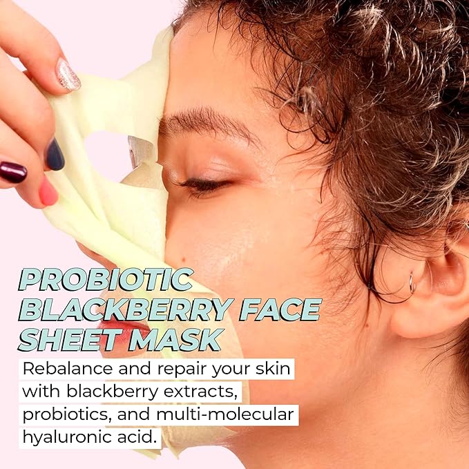 Vitamasques Probiotic Blackberry Face Sheet Mask 7 Pack - Facial Mask Rebalances & Repairs Skin with Multi Molecular Hyaluronic Acid - Natural & Biodegradable